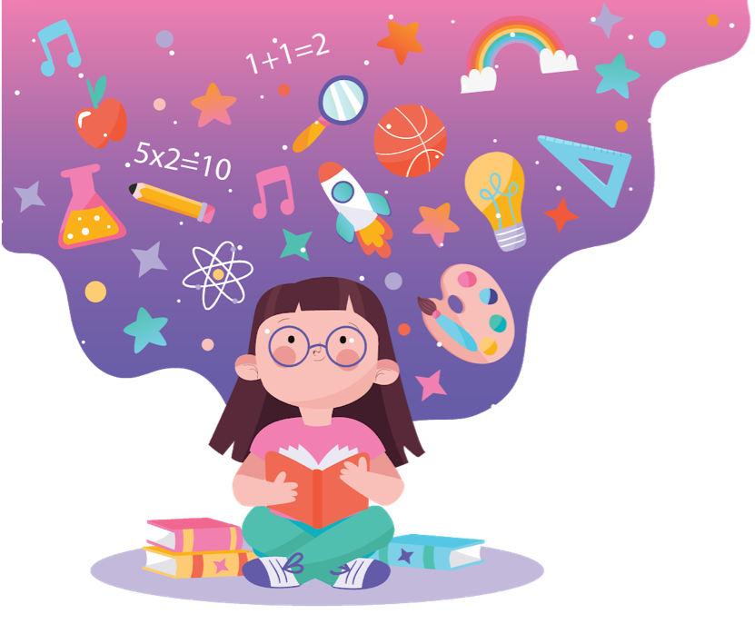 Cartoon of young girl sitting reading a book, with a thought bubble of images of music, science, and math above her 
